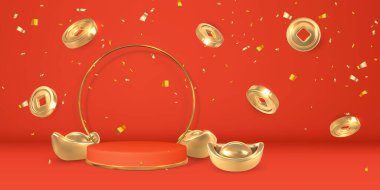 Mutlu Çin Yeni Yılı. Silindir podyumunda Çin festivalleri için sahne fenerler ve altın paralar parlıyor. Geleneksel Asya elementleri Vektör illüstrasyonu.