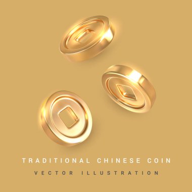 Kare delikli geleneksel Çin altınları. Geleneksel Asya elementleri Vektör illüstrasyonu.