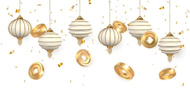 Beyaz arka planda Asya 'nın geleneksel unsurları, kare delikli Çin altın sikkesi. Çin festivalleri fener yakar. Vektör illüstrasyonu.