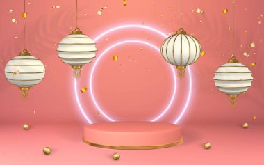 Mutlu Çin Yeni Yılı. Çin festivalleri fener yakar. Geleneksel Asya elementleri Silindir podyumda ürün için sahne. Vektör illüstrasyonu.