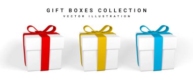 3D görüntüleme ve fiyonklu gerçekçi hediye kutusu çizimi. Beyaz arka planda gölgesi olan karton kutu. Vektör illüstrasyonu.