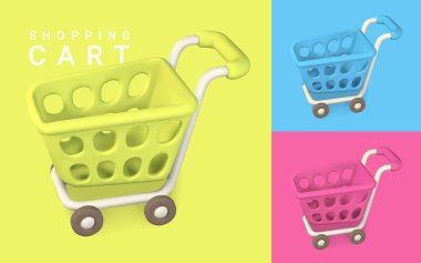 3D boş kırmızı, sarı ve mavi alışveriş arabaları. Alışveriş konsepti. Vektör illüstrasyonu.