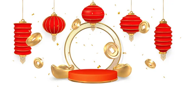 Mutlu Çin Yeni Yılı Silindir Podyumunda Ürün Sahnesi Çin Festivalleri — Stok Vektör