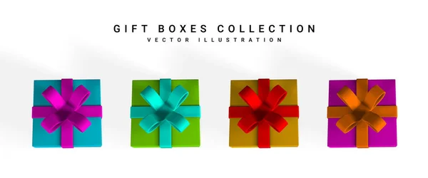 Realistische Geschenkboxen Mit Bogenoberseite Rote Papierschachtel Mit Weißem Band Und — Stockvektor