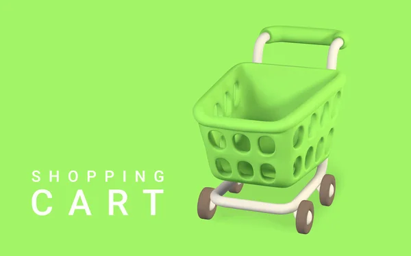 Vacío Carro Compra Verde Sobre Fondo Verde Concepto Compras Ilustración — Vector de stock