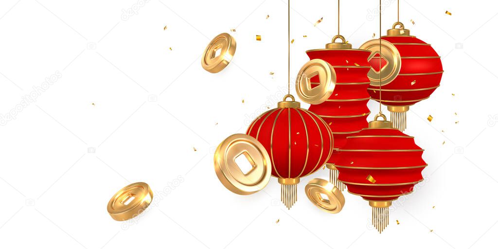 Asian traditional elements on white background .Chinese gold coin with square hole. Chinese festivals shine lanterns. Vector illustration.
