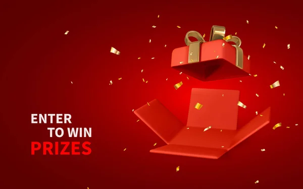 Rendre Dessiner Par Maille Réaliste Boîte Cadeau Ouverte Rouge Confettis — Image vectorielle
