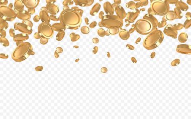 Şeffaf arka planda izole edilmiş gerçekçi altın sikkeler patlaması. Vektör illüstrasyonu.