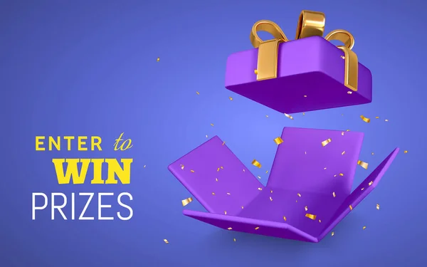 Открыть Фиолетовую Подарочную Коробку Конфетти Синем Фоне Вход Win Prizes — стоковый вектор