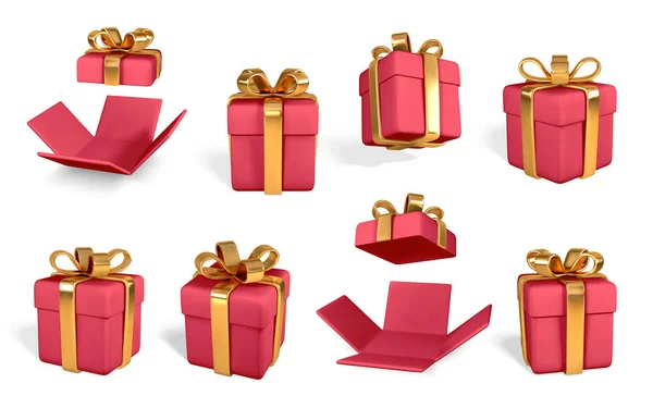 Realistas Cajas Regalo Rojas Con Lazo Oro Cajas Papel Con — Vector de stock