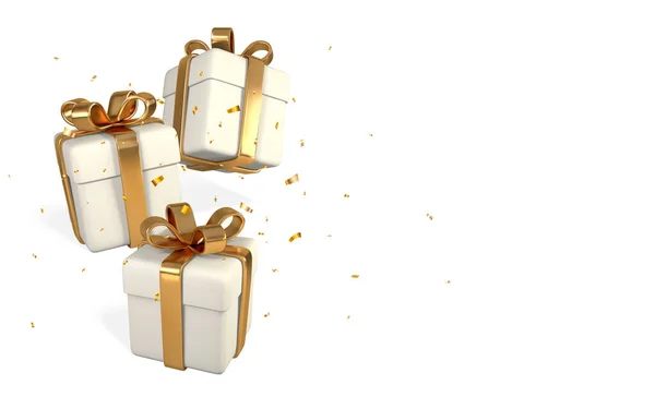 Реалистичные Белые Подарочные Коробки Золотым Луком Конфетти Бумажные Коробки Лентой — стоковый вектор