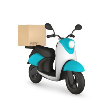 Beyaz arka planda 3D retro dağıtım scooter 'ı. Klasik motor scooter 'ı. Teslimat hizmeti konsepti. Vektör illüstrasyonu