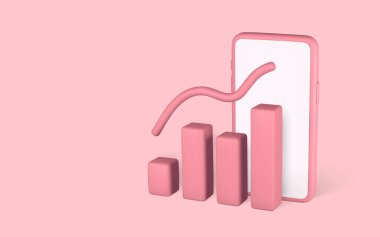 İstatistik finans grafiği analizli 3D sevimli cep telefonu. İş grafiği. Yatırım geliştirme konsepti. Vektör illüstrasyonu.