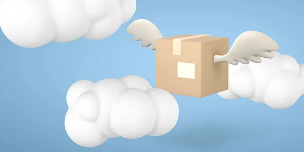 Voando Caixa Papelão Com Asas Nas Nuvens Embalagem Entrega Caixa —  Vetores de Stock