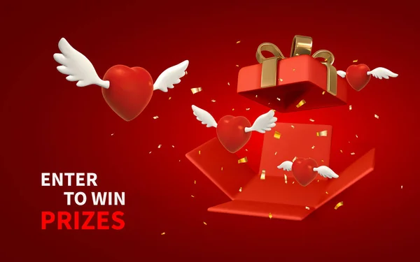 賞品を獲得するために入力してください 赤い背景に開いた赤いギフトボックスからの翼を持つ3D飛行心 バレンタインデーのデザイン ベクターイラスト — ストックベクタ