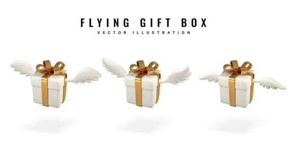 Set Aus Drei Fliegenden Geschenkboxen Mit Flügeln Auf Weißem Hintergrund — Stockvektor