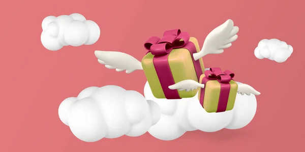 Fliegende Geschenkschachtel Mit Flügeln Auf Rotem Hintergrund Valentinstag Design Vektorillustration — Stockvektor