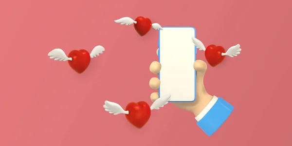 Cartoon Figur Hand Mit Smartphone Und Rote Herzen Mit Flügeln — Stockvektor