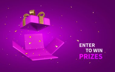 3D görüntüleme ve çizim gerçekçi bir hediye kutusu ve konfeti ile yapıldı. Kazanma Ödülleri 'ne girin. Vektör İllüstrasyonu.