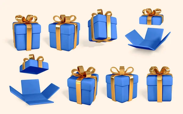 Realistische Blaue Geschenkboxen Mit Goldener Schleife Papierschachteln Mit Band Und — Stockvektor