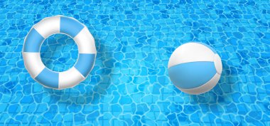 Mavi arka planda üç boyutlu yüzme ve yüzme topu. Okyanus, deniz ve havuz manzaralı yaz zamanı sembolü. Vektör illüstrasyonu.