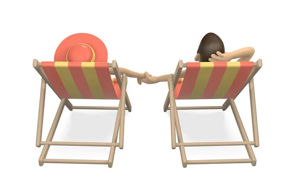 夫妻二人坐在海滩上的椅子上度假 夏天3D现实的物体 矢量说明 — 图库矢量图片