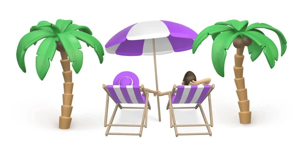 热带棕榈树 太阳伞和情侣们坐在海滩上的躺椅上 夏天3D现实的物体 矢量说明 — 图库矢量图片
