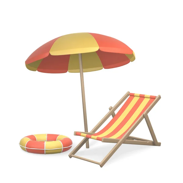 夏季3D真实感渲染向量对象 太阳伞 海滩椅和泳圈 矢量说明 — 图库矢量图片
