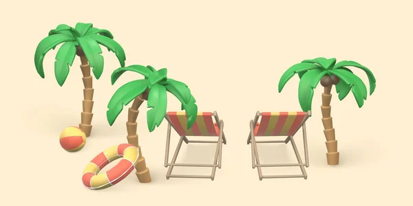 热带棕榈树 游泳圈 游泳池和白色背景的甲板椅子 夏天3D现实的物体 矢量说明 — 图库矢量图片