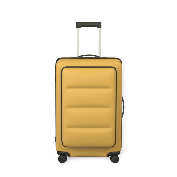 3Dイエロー旅行トロリーバッグフロントWiev 現実的なプラスチック製のスーツケース 白い背景に孤立した観光シンボル ベクターイラスト — ストックベクタ