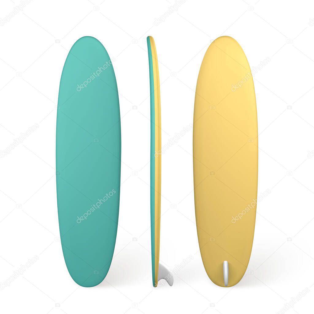 3D blue and yellow surf board. Realistic summer time symbol isolated on white background. Summertime object. Vector illustration.