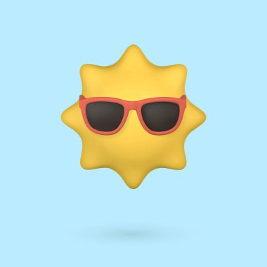 Güneş gözlüklü şirin bir çizgi film 3D Sun. Yaz dönemi objesi. Vektör illüstrasyonu.