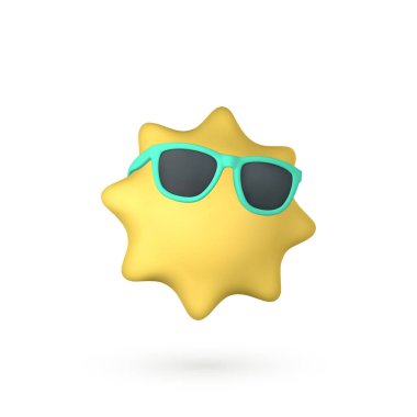 Güneş gözlüklü şirin bir çizgi film 3D Sun. Yaz dönemi objesi. Vektör illüstrasyonu.