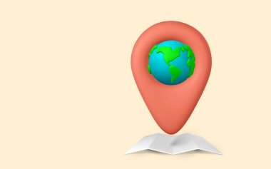 Karikatür 3D Gezegen Dünya 'nın lokasyonu ve haritası minimum düzeyde. Vektör illüstrasyonu.