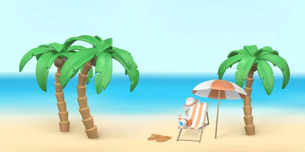 夏天的背景 夏季3D真实感渲染向量对象 棕榈树 条纹沙滩椅子和拖鞋 矢量说明 — 图库矢量图片