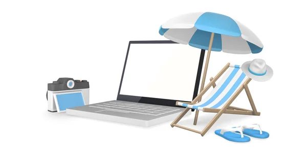 自由工作的概念 3D逼真渲染笔记本电脑 遮阳伞 沙滩椅子 帽子和拖鞋 矢量说明 — 图库矢量图片