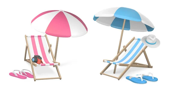 Sommer Realistische Rendervektorobjekte Sonnenschirm Liegestuhl Kamera Hut Und Hausschuhe Vektorillustration — Stockvektor