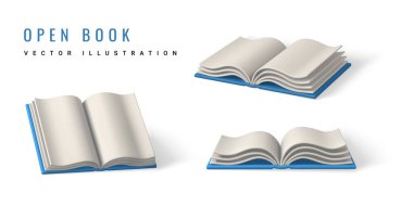 Cute cartoon open book. Realistic 3d book with shaddow on white background. Vector illustration.