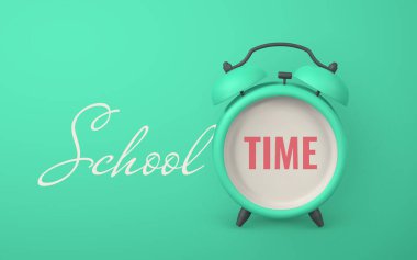 Okul zamanı reklam afişi tasarımı. Sevimli 3D çalar saat. Gölgeli 3D gerçekçi masa saati. Vektör illüstrasyonu.