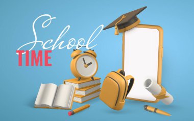 Çevrimiçi okul konsepti. Kitaplı telefon, kalem, çalar saat, mezuniyet şapkası ve diploması. Vektör illüstrasyonu.