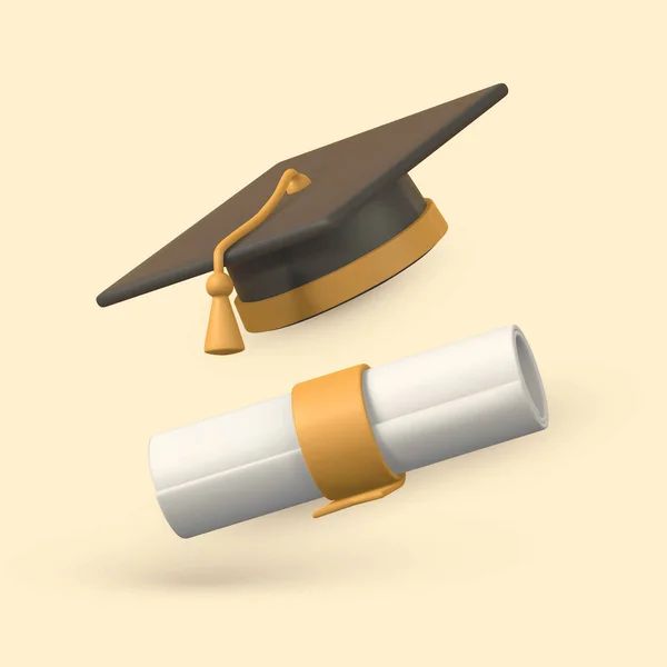 Cute Cartoon Graduation Cap Diploma Education Degree Ceremony Concept Vector — Vector de stock