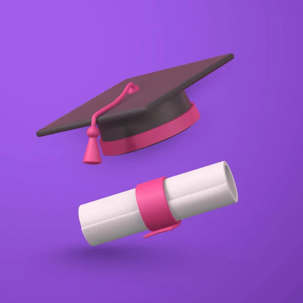 Cute Cartoon Graduation Cap Diploma Education Degree Ceremony Concept Vector — Stock Vector
