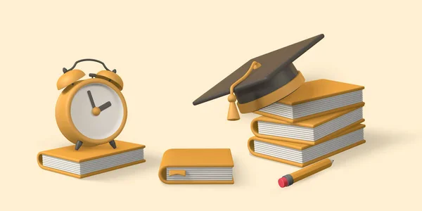 Back School Concept Books Pencil Alarm Clock Graduation Cap Diploma — ストックベクタ