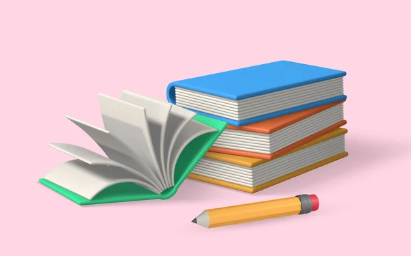 Cute Cartoon Book Pencil Realistic School Object Vector Illustration — ストックベクタ