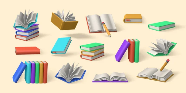 Set Cute Cartoon Books Realistic Bookss Shaddow Education Online Class — Stock vektor