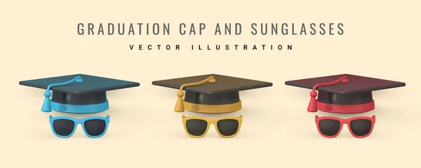 Cute Cartoon Graduation Cap Sunglasses Education Degree Ceremony Concept Vector — Vector de stock