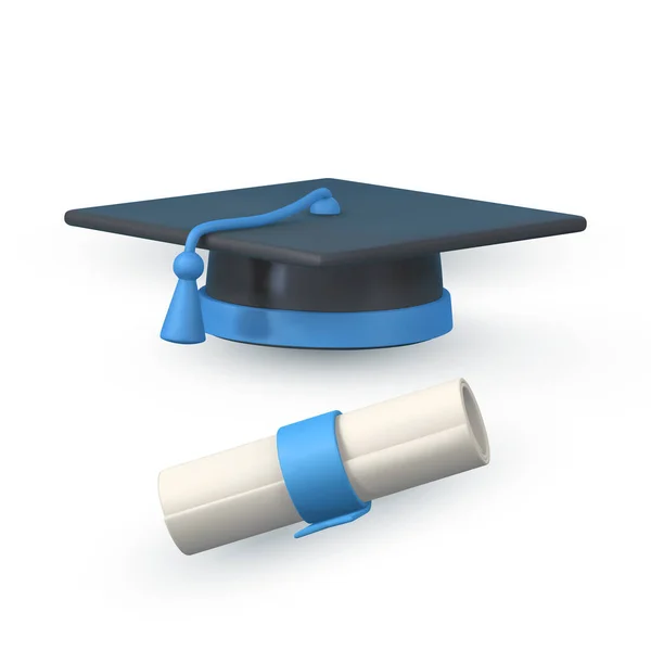 Cute Cartoon Graduation Cap Diploma Education Degree Ceremony Concept Vector — Vector de stock