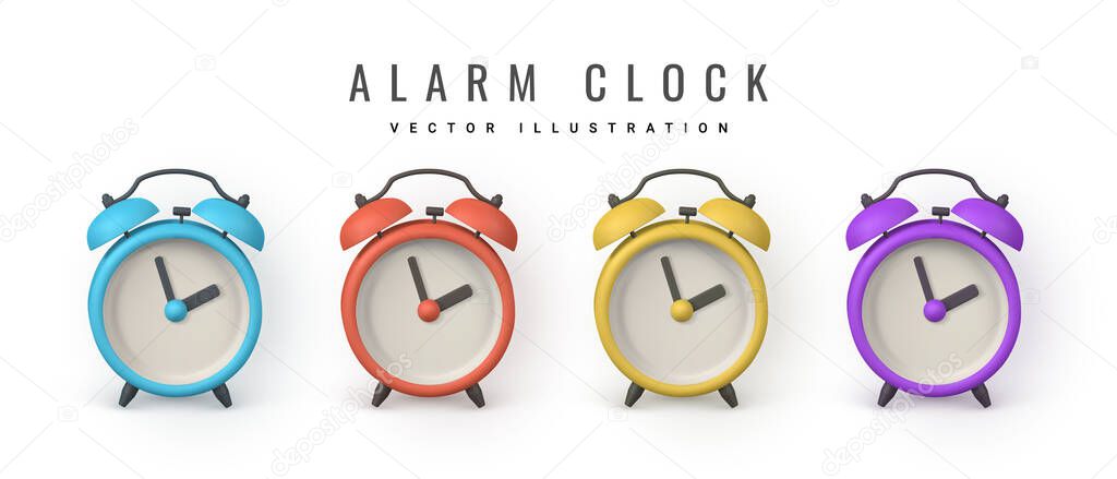 Cute cartoon alarm clock. 3d realistic table clock with shaddow. Vector illustration.