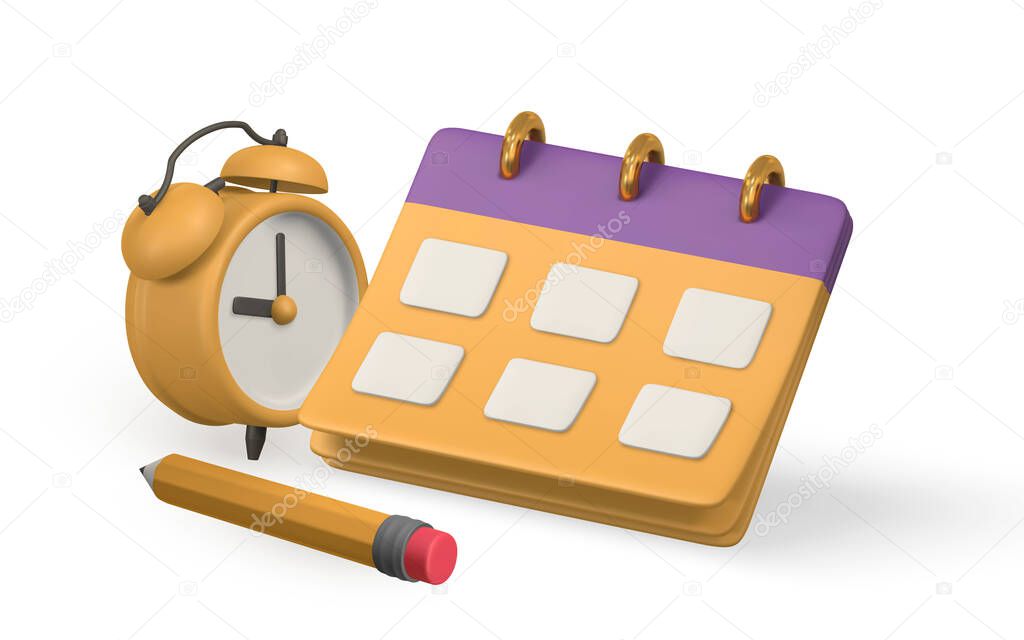 Cute cartoon calendar with pencil and clock. 3d realistic business note. Vector illustration.