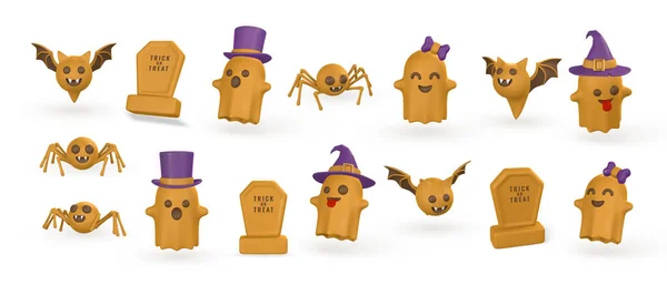 Cute Cartoon Halloween Objects Pumpkin Ghost Tombstone Bat Spider Candy — Image vectorielle